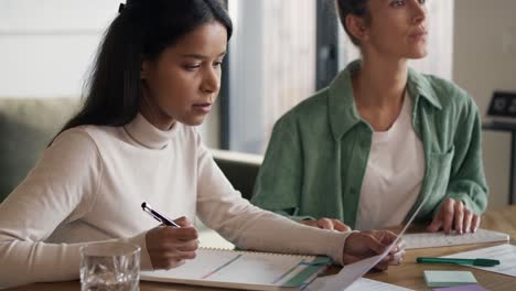 Two women working at home in notes and on computer