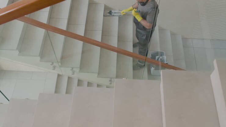 Top View Of Arabic Cleaning Man Wearing Gloves Cleaning Stairs With Mop Inside An Office Building 1