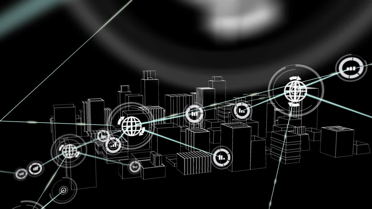 Animation of network of connections with icons over 3d city drawing