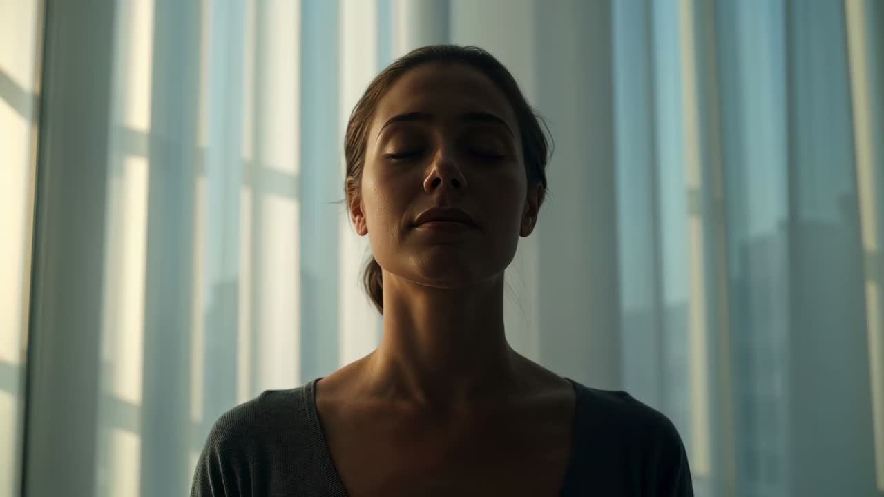 Standing woman in dark top reacting to moving light at tall sheer curtains, lifting chin, breathing