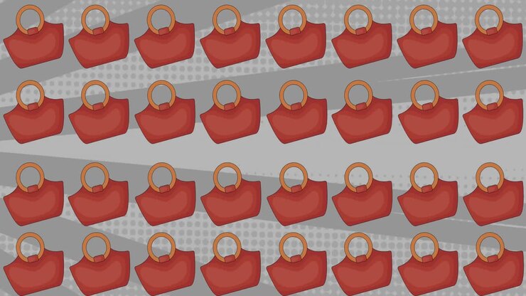 Animation af lyserøde tote-tasker, der gentages og bevæger sig over en roterende gråstribet baggrund.