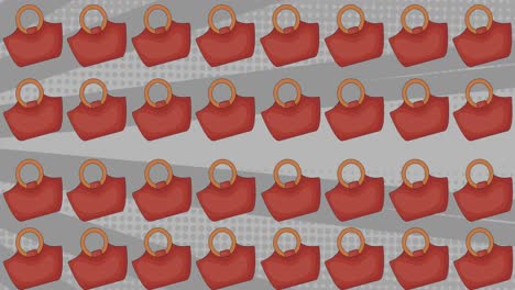 animation of pink tote handbags repeated and moving over rotating grey striped background