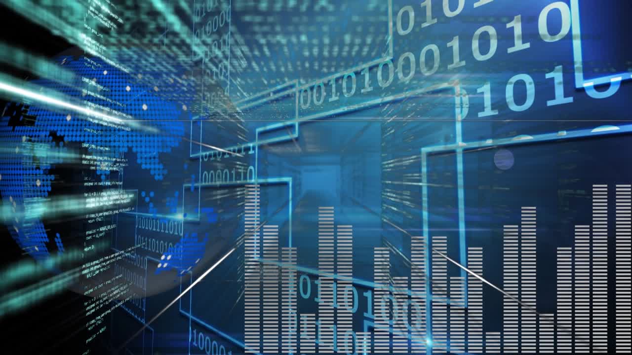 Blue earth bitmap, binary codes, and fluctuating bar graph displayed