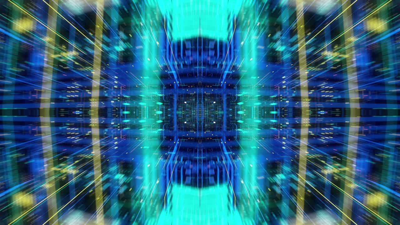 volando a través de datos digitales de hologramas de matriz abstractos tecnológicos.