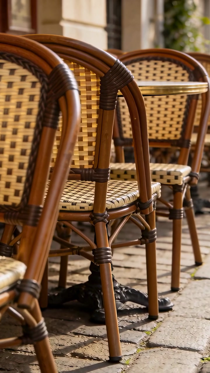 Vertical video: Panning camera bringing rattan chairs into view on cobble, revealing woven details