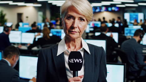 female news reporter delivering a broadcast from a busy newsroom