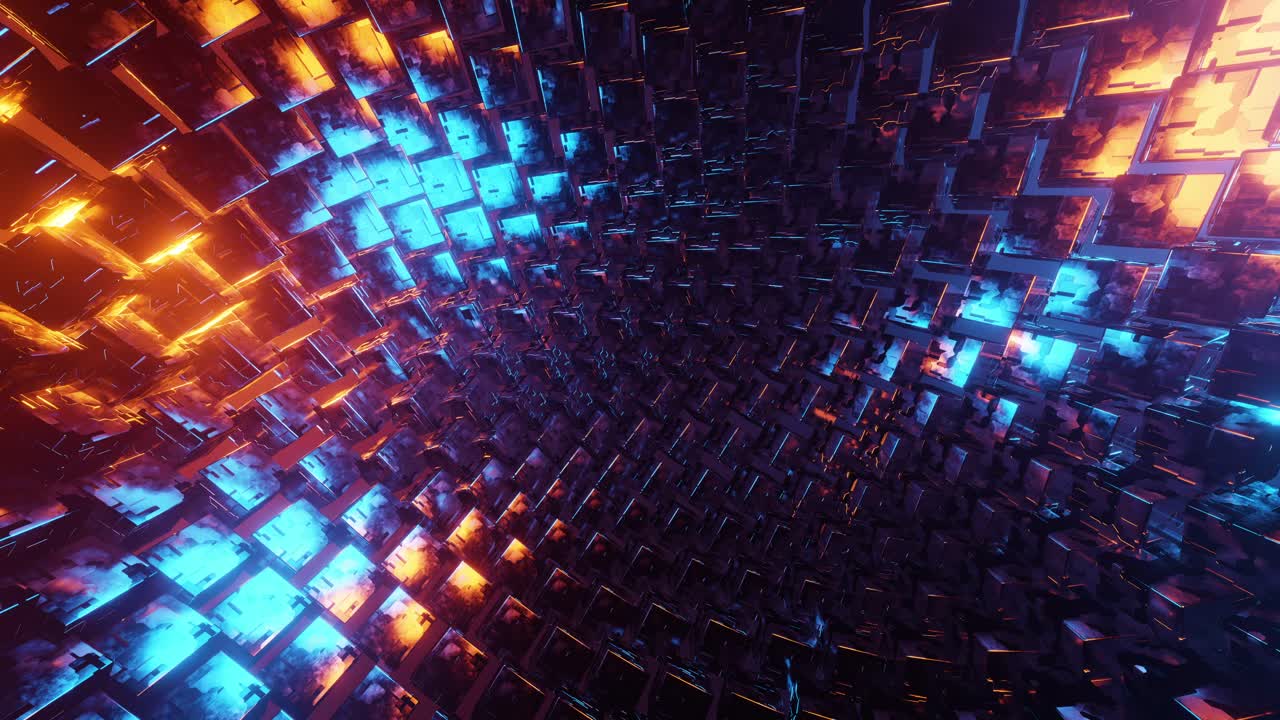 Abstract animation of random rotating metal cubes. Infinitely looped animation.
