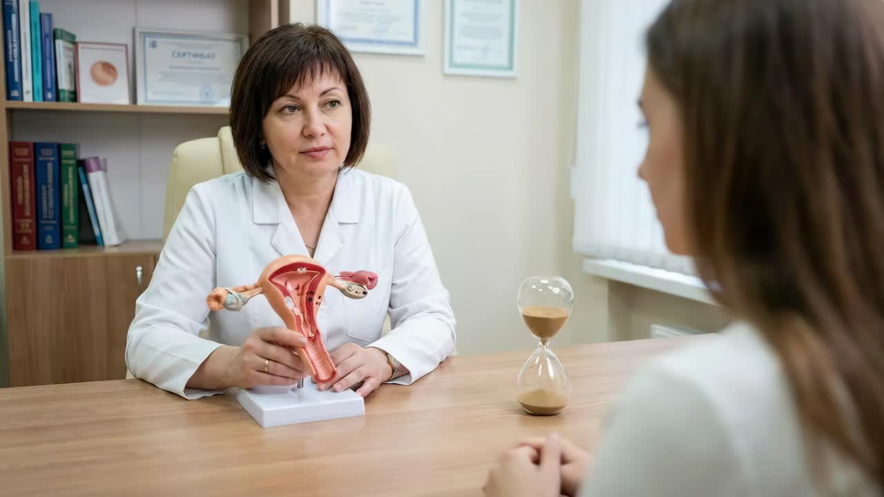 Médico explica modelo de útero para paciente