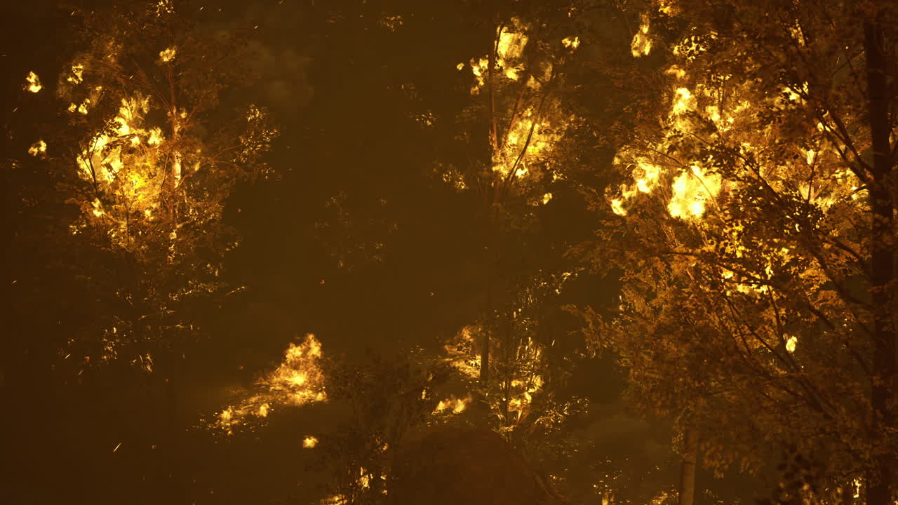 Wildfire engulfing forest during evening hours with bright flames and smoke