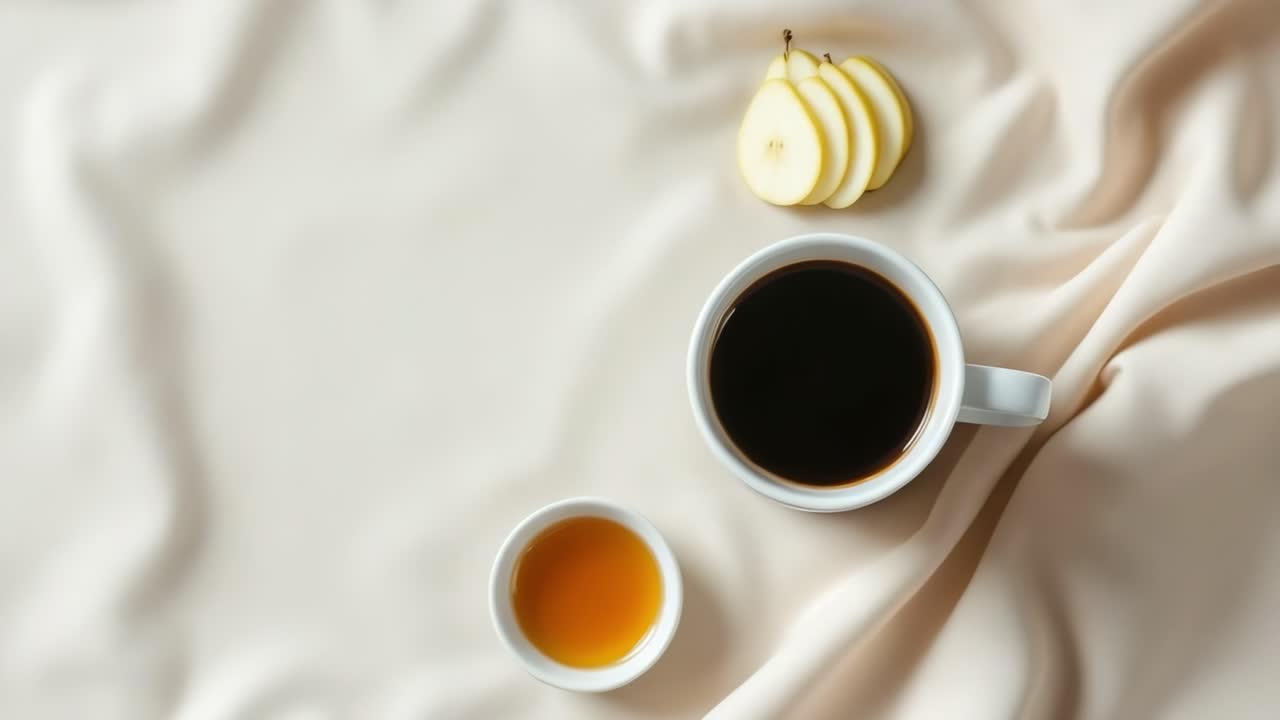 Creating a cozy breakfast in bed scene with rich coffee, drizzled honey, and fresh sliced pear, inviting relaxation and comfort