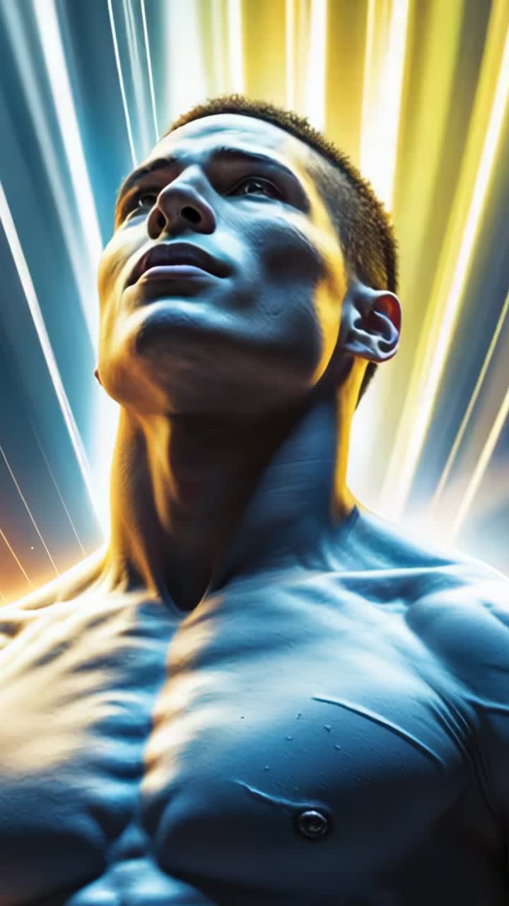 Vertical video: Camera zooming to shirtless man as lights shifting on studio, highlighting jawline