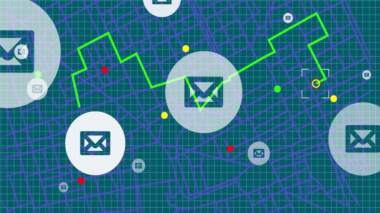 Animation of email icons, green location line and data processing over blue background