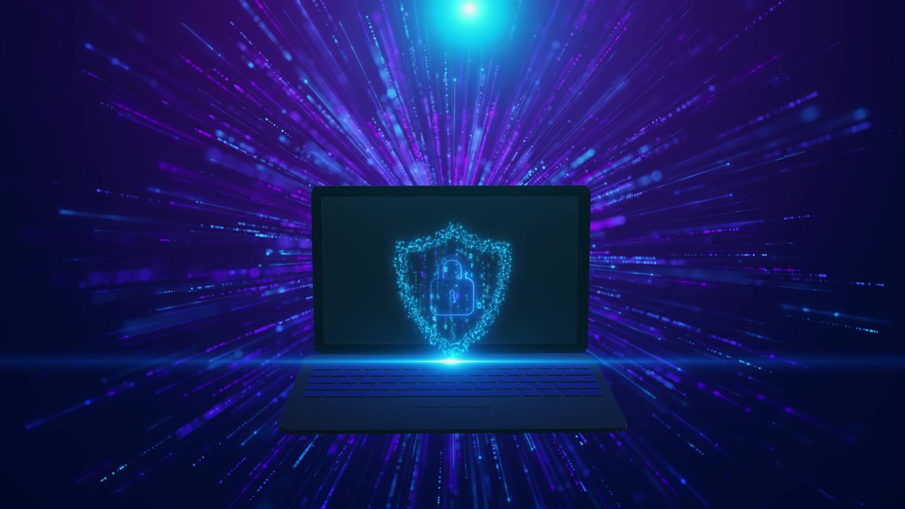 Digital protection laptop interface bright shield locked screen and neon purple data trails for