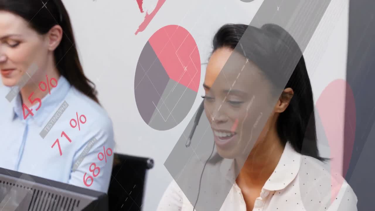 헤드 ⁇ 을 착용하는 사무실 직원들에 대한 데이터 처리 및 통계의 애니메이션