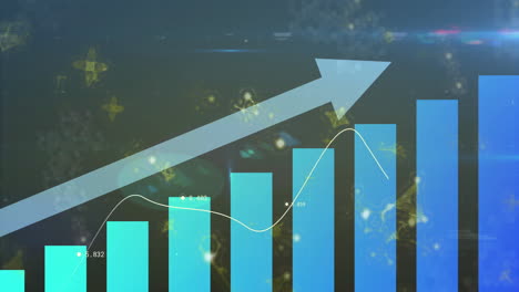 financial data being visualized with rising gradient bars, translucent arrow and line graph