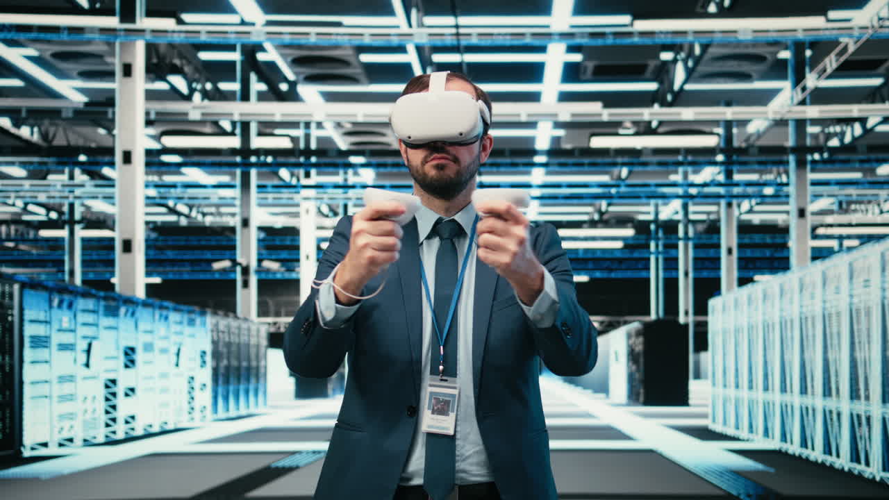 Businessman in VR Headset Interacting with Virtual Data Center