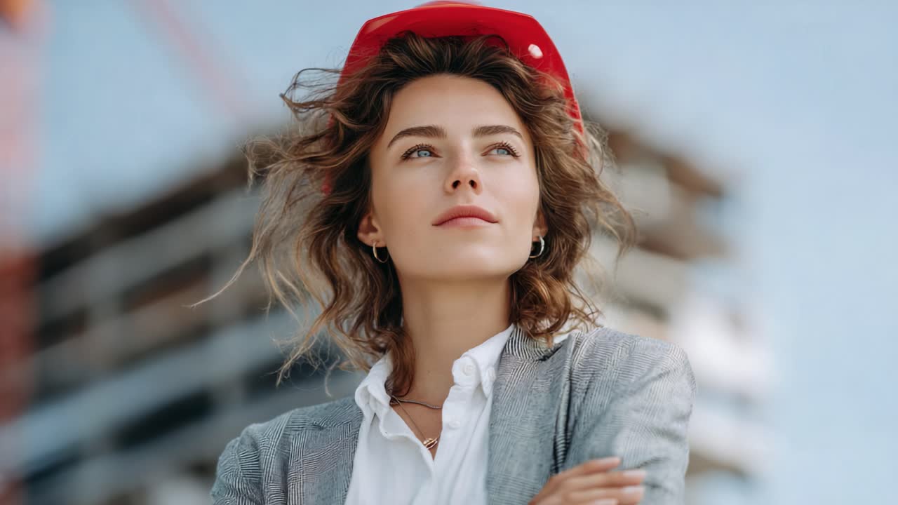 Confident Young Woman in a Construction Helmet Exudes a Sense of Calm and Determination Amidst a Work Site, Reflecting Professional Ambition and Vision