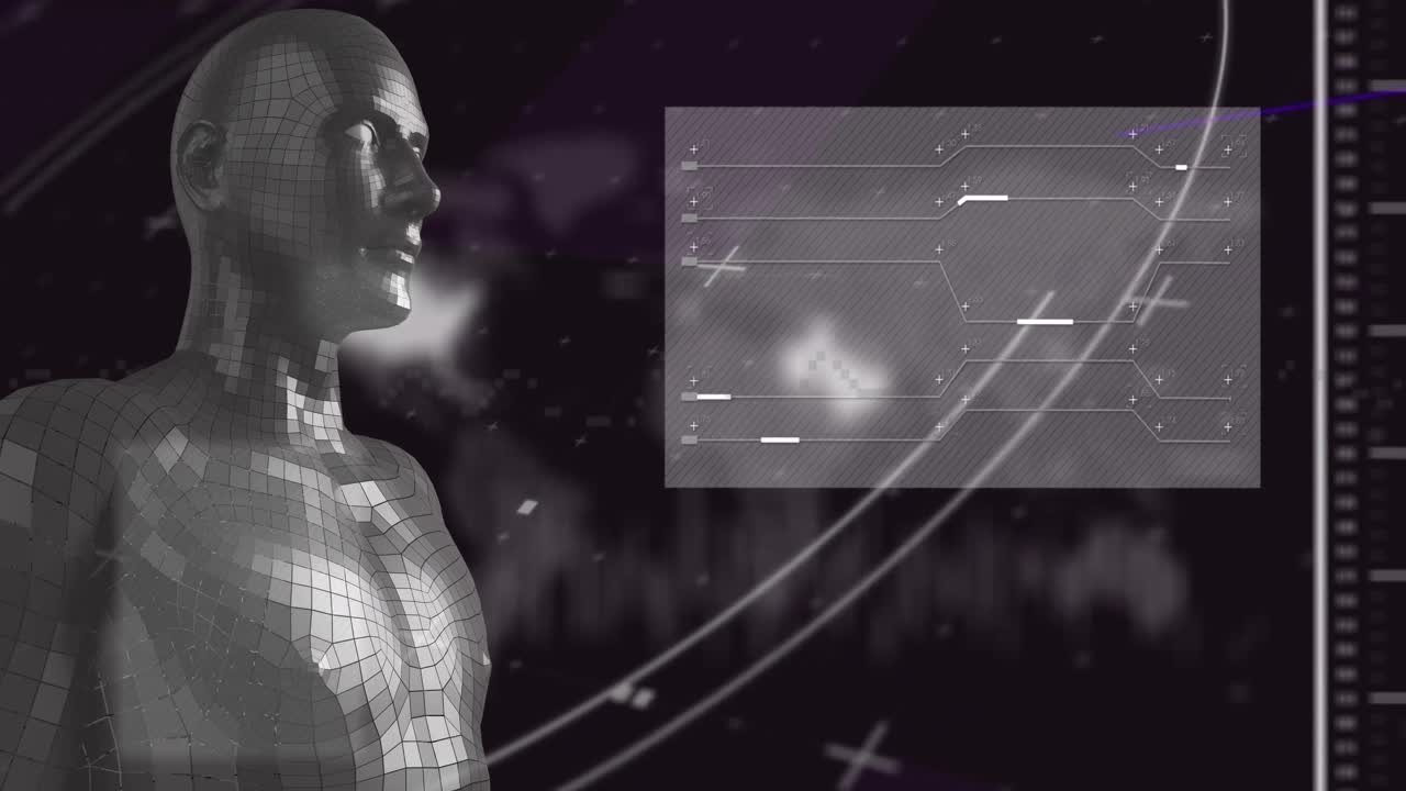 animación de escaneo de alcance y procesamiento de datos en pantalla sobre el cuerpo humano