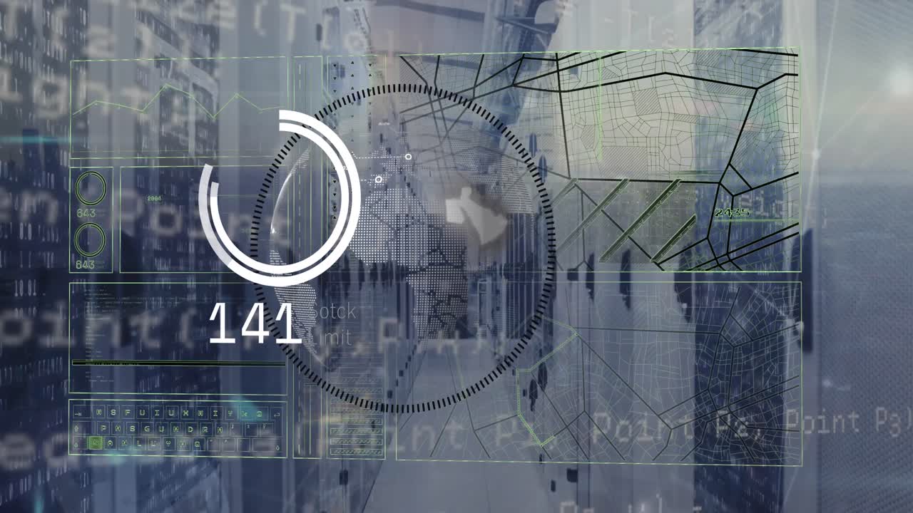 animación de la interfaz con procesamiento de datos sobre el globo giratorio contra la sala de servidores de la computadora.