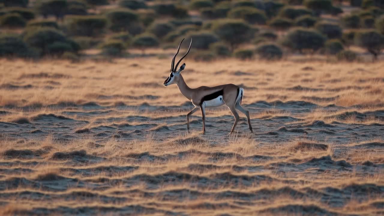 A graceful antelope strides across a sunlit savanna, captured in a wide-angle shot, evoking a serene