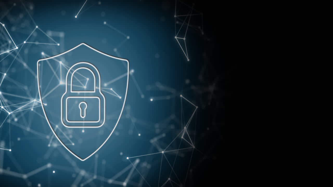 animatie van een online beveiligingsslot met een netwerk van verbindingen op de achtergrond