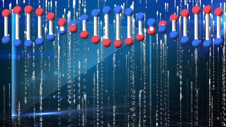Dna structure spinning against binary coding data processing on blue background