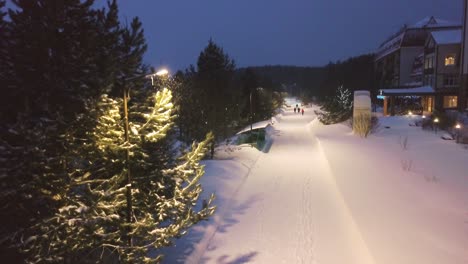 schneebedeckter nachtweg in einem wohngebiet