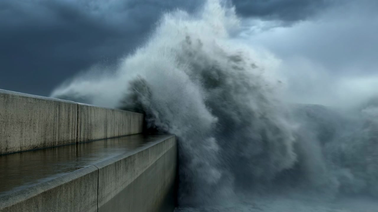 Onda enorme che si infrange contro un muro frangiflutti, nuvole temporalesche scure che incombono sull'oceano turbolento, frangenti imponenti