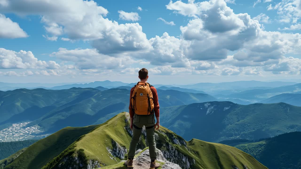 Male hiker with backpack standing on top of a mountain peak enjoying the breathtaking view of a vast mountain range, feeling a sense of accomplishment and freedom