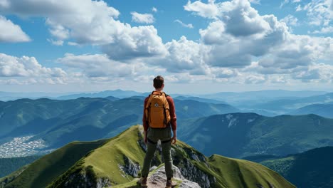 male hiker with backpack standing on top of a mountain peak enjoying the breathtaking view of a vast mountain range, feeling a sense of accomplishment and freedom