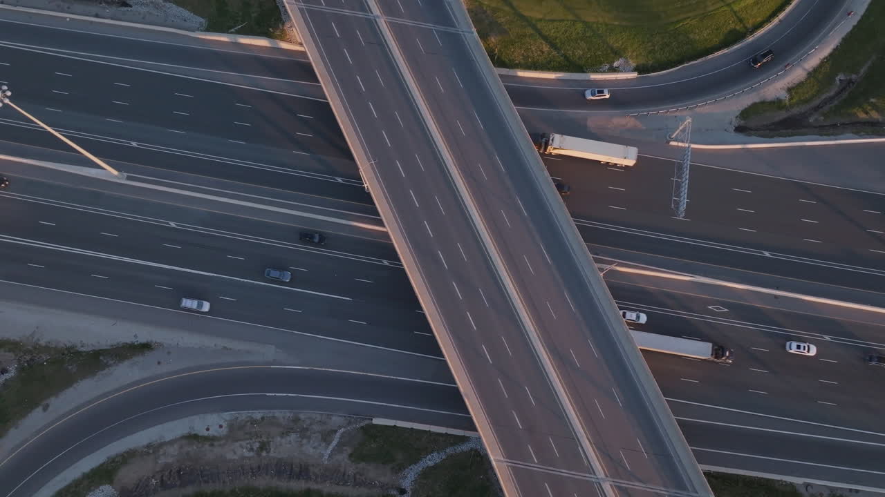 Highway 401 in Mississauga, Canada captured in slow motion with overhead view of traffic