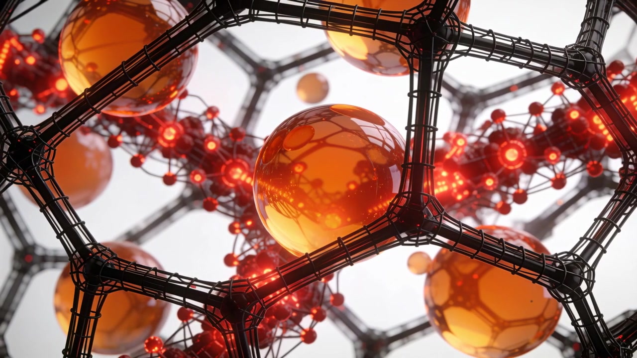 Shifting camera unveiling dark lattice in white field, highlighting orange spheres and red chains