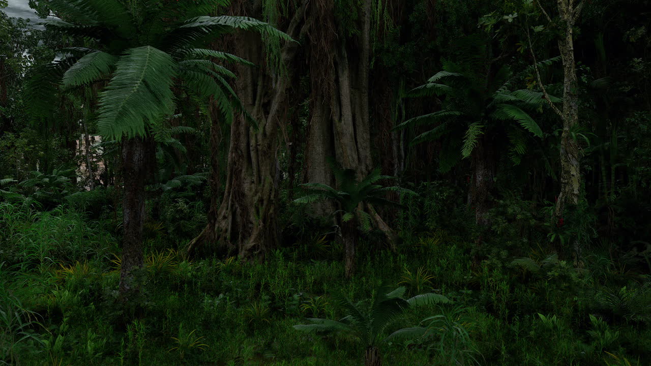 Giungla verde lussureggiante con vegetazione fitta e alberi imponenti al crepuscolo