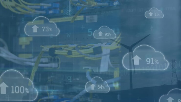 Animation of data processing, cloud icons with increasing percentage against computer server