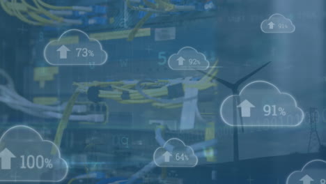 animación del procesamiento de datos, iconos de nube con un porcentaje creciente contra el servidor de computadora
