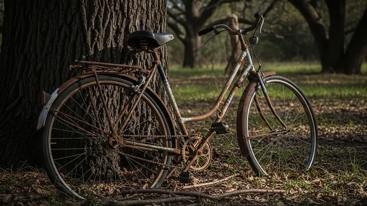 En værbitt sykkel lent mot et tre i en fredelig utendørs setting, som fanger essensen av naturen og tidens gang på landsbygda