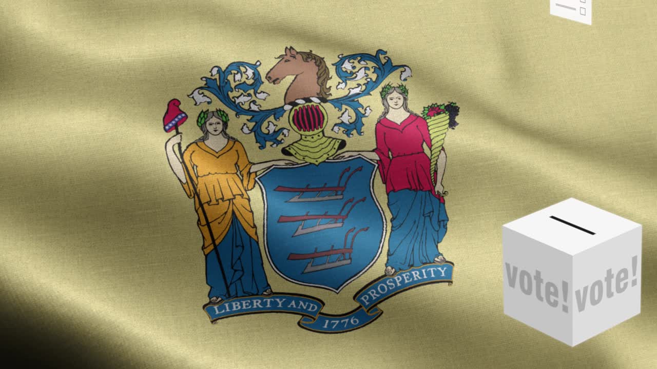 estado de nueva jersey - las papeletas de votación vuelan a la caja para la selección de nueva jerseys - caja de votación delante de la bandera - elección - voto - bandera nacional de nuevo jersey patrón de onda elementos loopable - textura de tela y bucle sin fin - nueva jersey bandera loopable