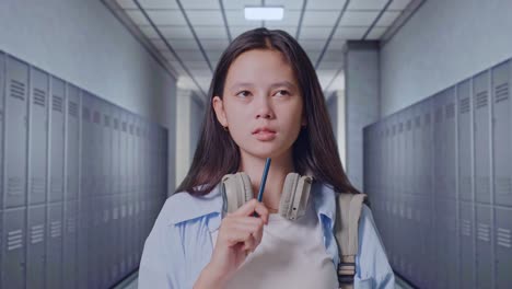 close up of asian teen girl student with a backpack taking note on notebook and thinking then raising her index finger while standing in corridor