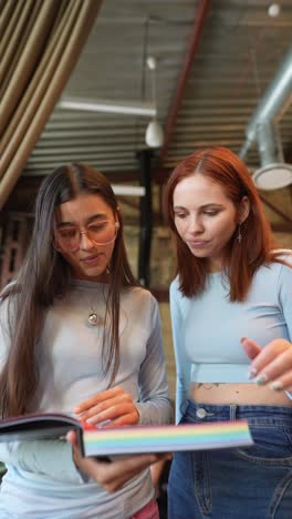 two young women looking at a book in a cafe