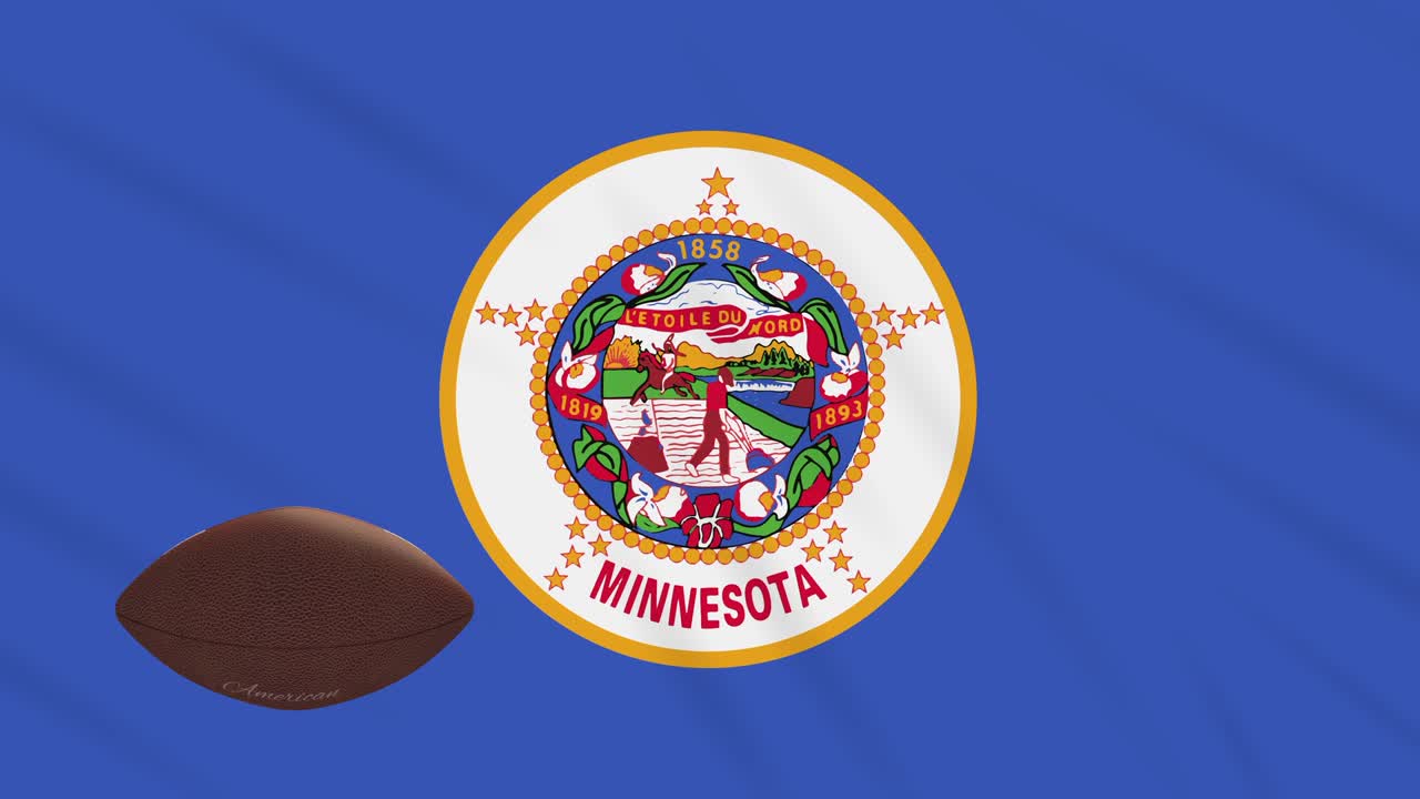 Minnesota flag waving and american football ball rotates, loop