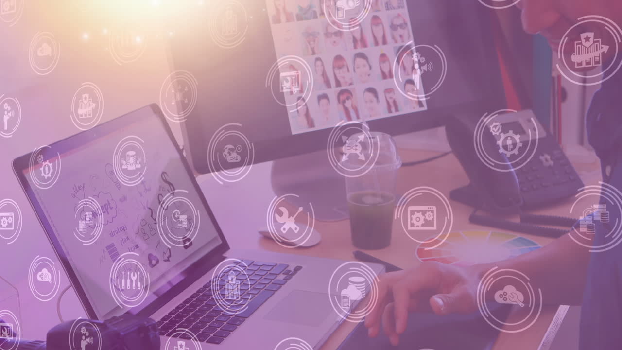 animación de una red de iconos digitales sobre el hombre utilizando una cámara y una computadora portátil en la oficina