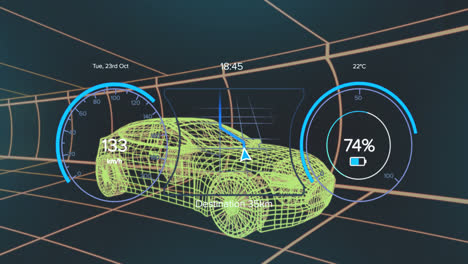 Animation-of-speedometers,-numbers,-battery-icon-over-3d-model-of-car-against-black-background