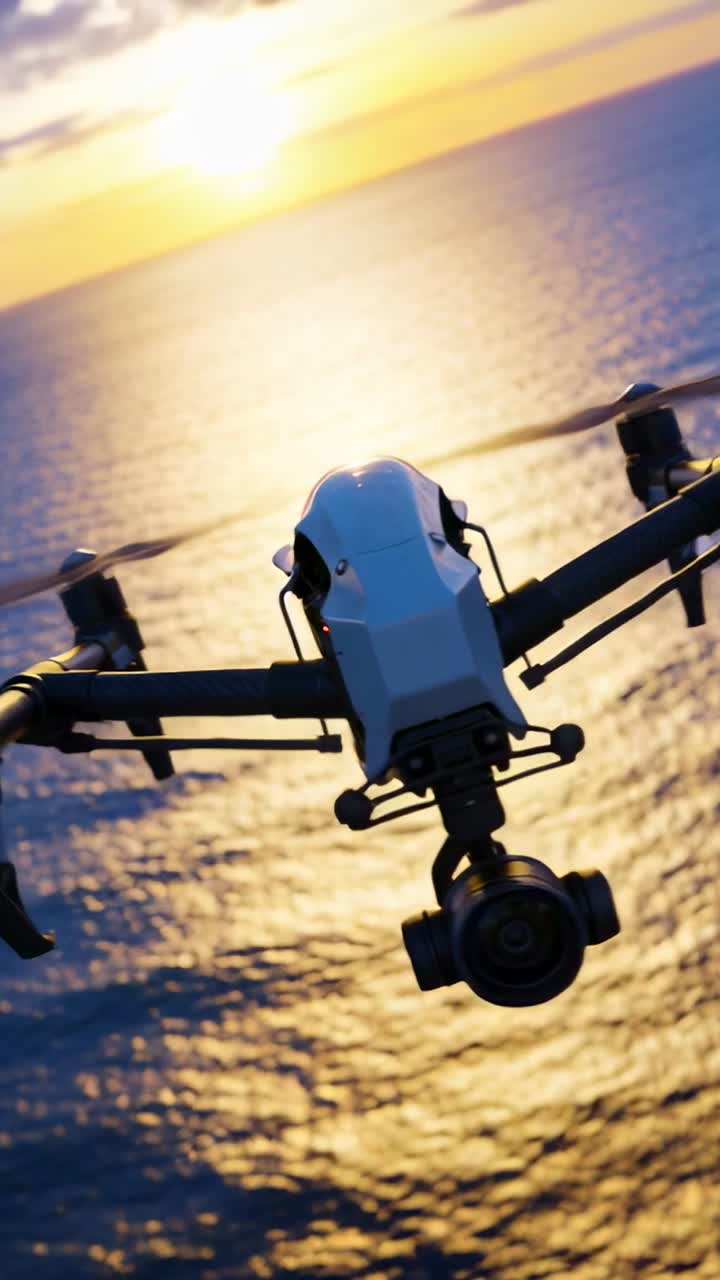Video verticale: Drone che ruota su input del pilota, centrando sull'oceano al tramonto, mostrando il gimbal.