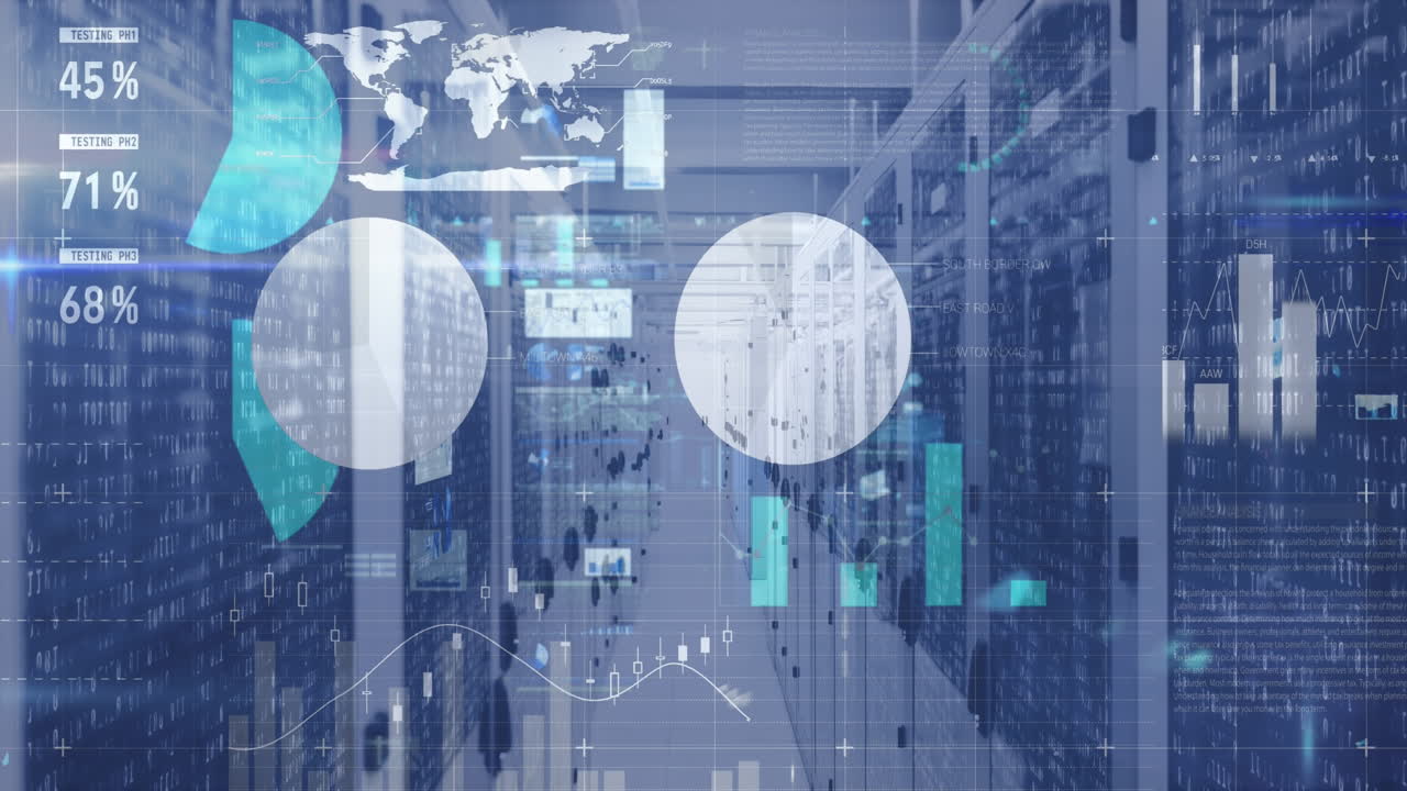 Animation of interface with statistical data processing against computer server room