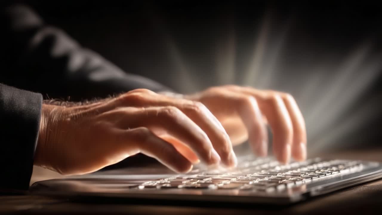 Illuminated Hands at Work: A Close-Up of a Person Typing on a Keyboard with Dynamic Light Rays Emitting from the Device, Conveying Creativity and Productivity