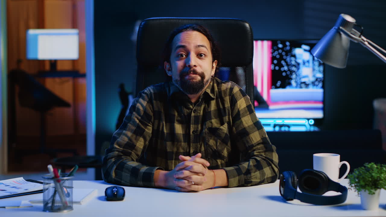 POV of cheerful content creator filming himself in home studio