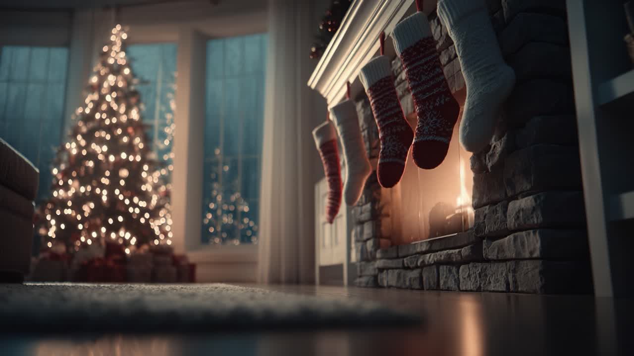 A Warm and Cozy Holiday Scene Featuring Stockings Hung by the Fireplace with a Beautifully Decorated Christmas Tree in the Background