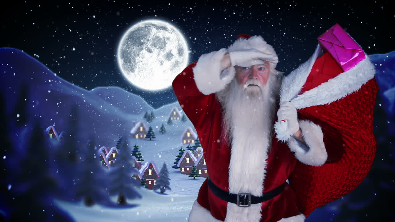 산타가 크리스마스 마을에 선물을 배달하고 있습니다.