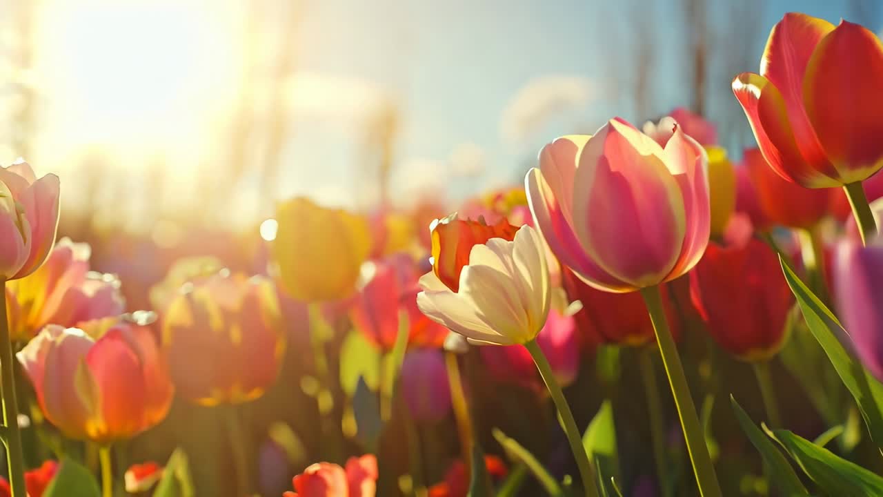 Vibrant tulips in sunlight, captured from a low-angle, creating a dreamy, colorful scene