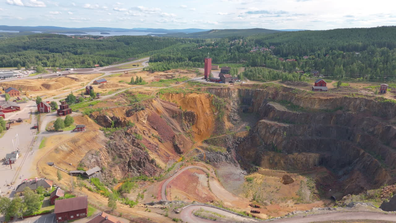 Falun Copper Mine and industrial monument, historic Sweden surface mining. Drone